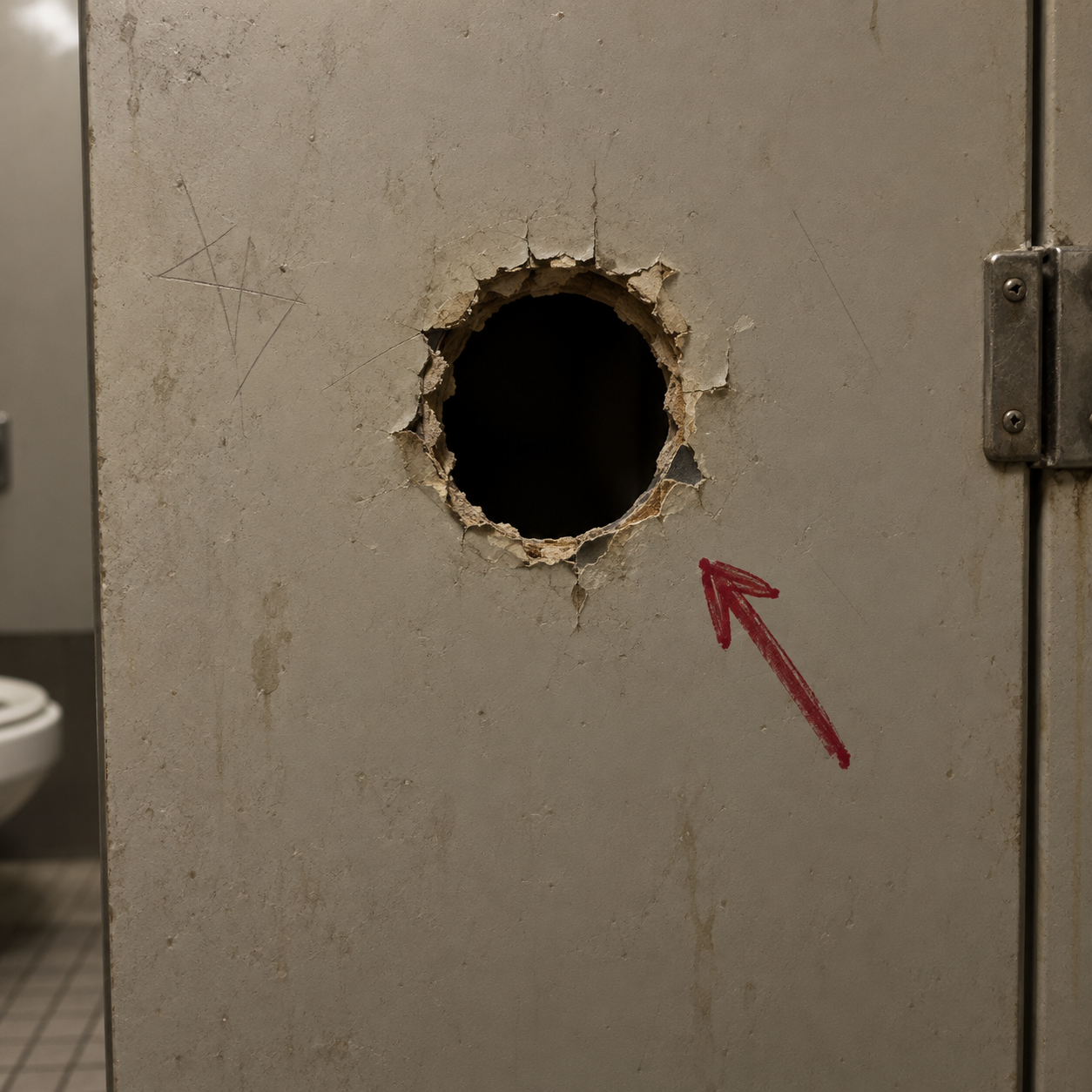 A bathroom stall wall with a round hole punched through it and a red marker arrow pointing at the hole